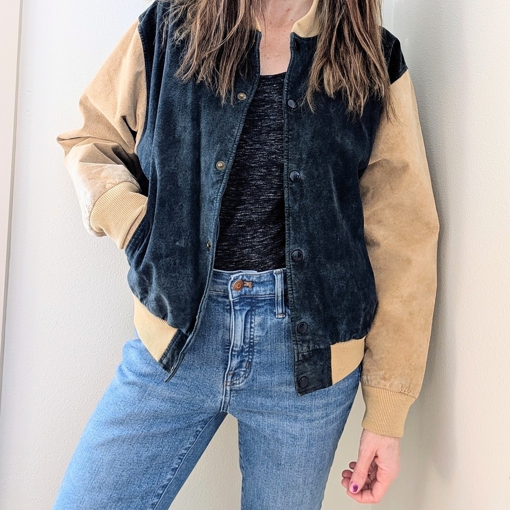 Vintage Suede Leather Collared Button Down Varsity Bomber Jacket In Navy/Cream
